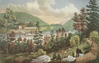 Akademia Wojskowa USA - West Point, z przeciwległego brzegu, wyd. 1862, Currier i Ives